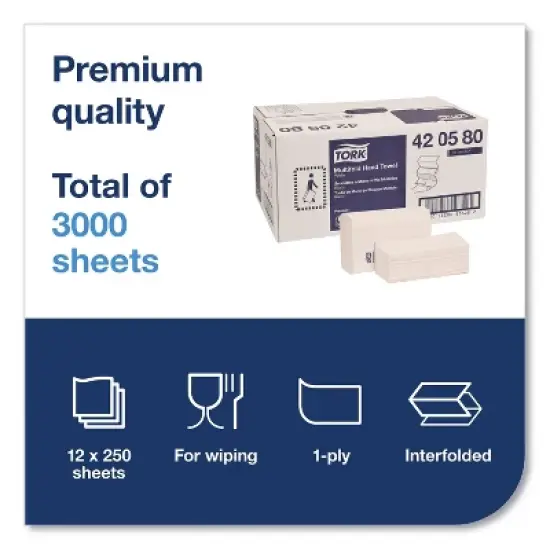 Tork Premium Multifold Towel, 1-Ply, 9 x 9.5, White, 250/Pack, 12 Packs/Carton image {2}