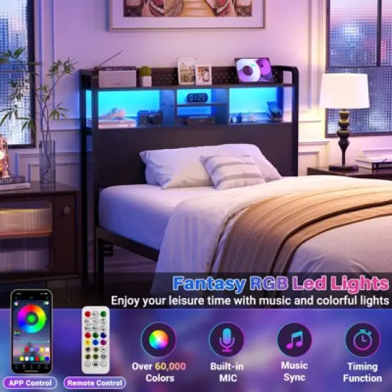 Aheaplus Storage Headboard with Led Lights & Charging Station image {2}