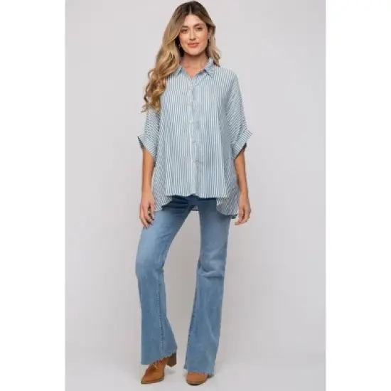 PinkBlush Teal Striped Button Up Dolman Maternity Top image {2}