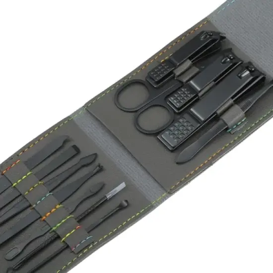 Unique Bargains Stainless Steel Pedicure Nail Clippers Scissors Tool Set for Men Women Black with Gray PU Leather 12 Pcs image {2}