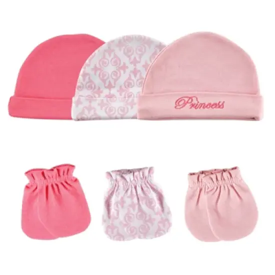 Luvable Friends Baby Girl Cotton Caps and Scratch Mittens 6pk, Princess, 0-6 Months image {1}