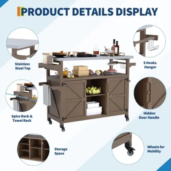 TROPOW Outdoor Grill Cart with Storage Cabinet, Farmhouse Solid Wood Kitchen Island on Wheels, Outdoor Grill Table with Stainless Steel Table Top image {4}