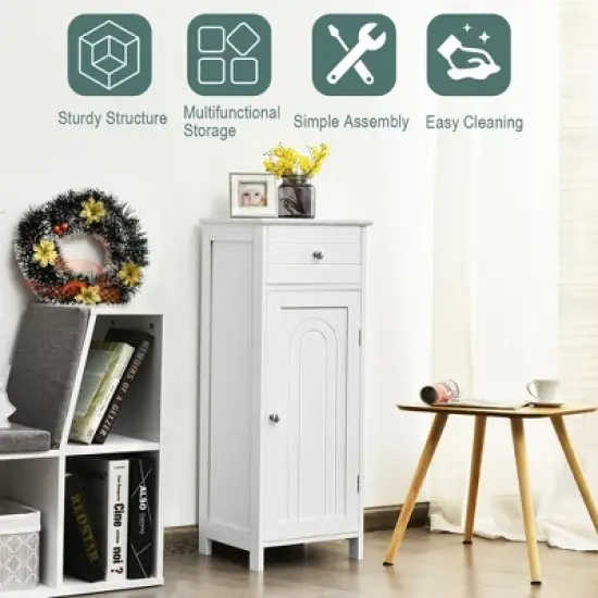 Costway Bathroom Floor Cabinet Wooden Storage Organizer Free-Standing w/ Drawer & Shelf image {4}