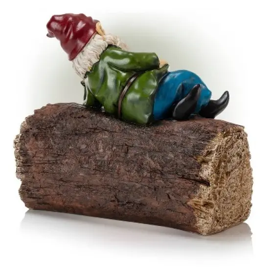 9" Polyresin Gnome Lying on Log Statue - Alpine Corporation image {4}
