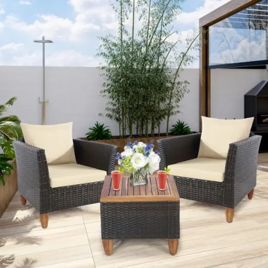Costway 3PCS Patio Wicker Rattan Sofa Set Furniture Outdoor Acacia Wood Conversation image {4}
