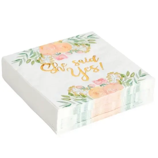 Sparkle and Bash 50 Pack Gold Foil She Said Yes Napkins for Engagement Party Supplies, Bridal Shower Decorations, 3-Ply, White, 5 x 5 In image {7}