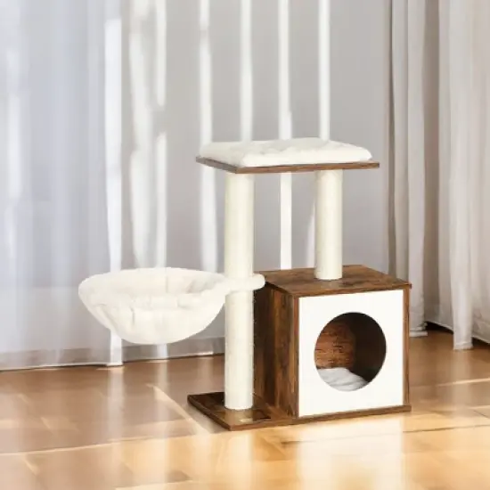 WoodyWonders Cat Tree for Kittens, Modern Cat Tower for Indoor Cats, Cat Condo with Scratching Posts, Removable Washable Cushions, Rustic Brown image {6}