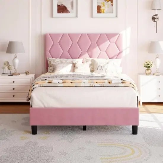 Twin/Full/Queen/King Size Bed Frame with Upholstered Headboard, Wood Slat Platform, No Box Spring Needed, Noise-Free, Easy Assembly, Pink image {1}