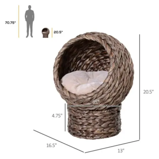 SEVOBAL Handwoven Elevated Cat Bed with Cushion & Stand,Egg Chair Shape Cat Basket Kitty House for Indoor,Brown (16.5"*13"*20.5") image {3}