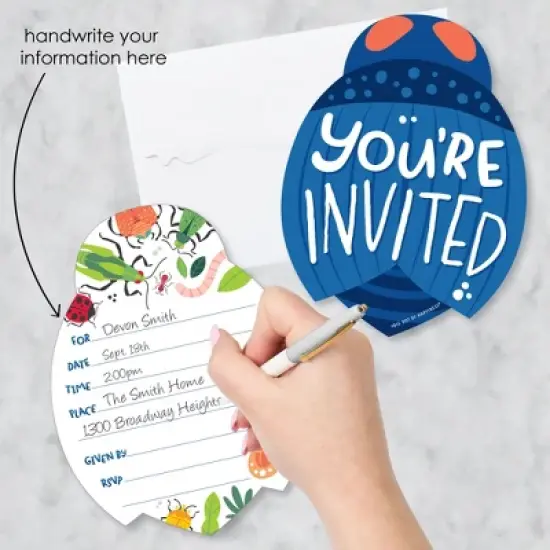 Big Dot of Happiness Buggin' Out - Shaped Fill-In Invitations - Bugs Birthday Party Invitation Cards with Envelopes - Set of 12 image {1}