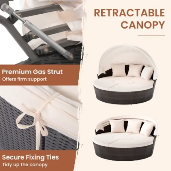 Costway Patio Round Daybed PE Rattan Cushioned Sectional Seating with Retractable Canopy image {5}