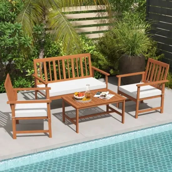 Tangkula 4-Piece Acacia Wood Patio Conversation Set Outdoor Furniture Set w/ 2 Armchairs image {1}