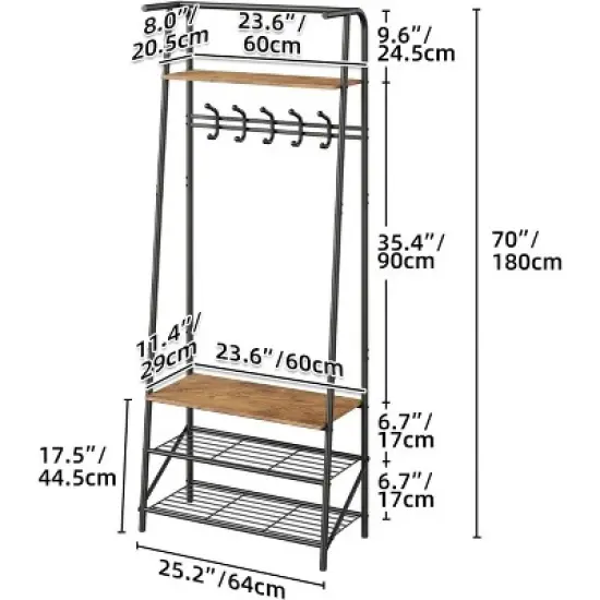 Coat Rack Shoe Bench with Double Row 8 Hooks, 3-Tier Shelf Entryway Hall Tree with Storage, Metal Frame Multifunctional Hallway Organizer, Hallway image {3}