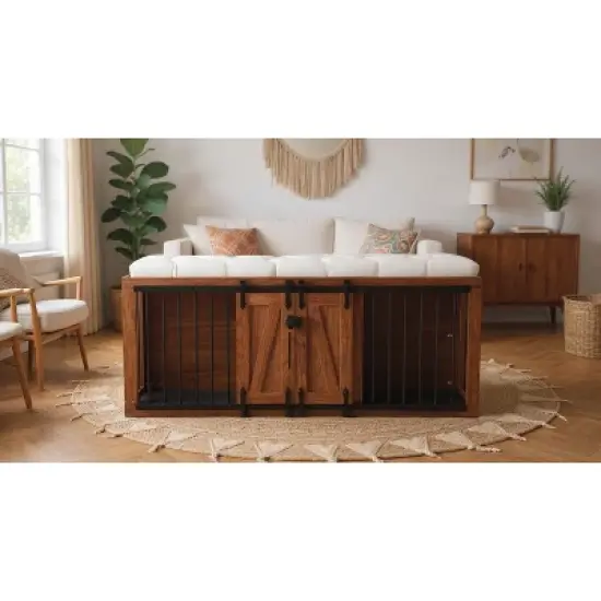 Ridstar 2 in 1 Dog Crate with Padded Seat & Sliding Barn Door-Brown image {2}