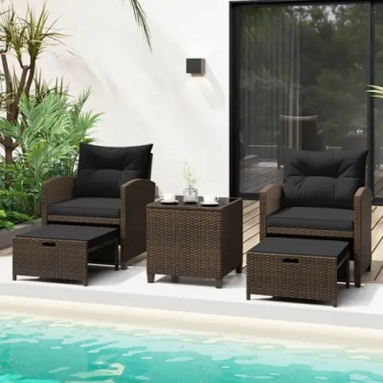 Costway 5 Piece Patio Rattan Furniture with 2 Ottomans & Tempered Glass Coffee Table Black/Off White/Navy/Red/Gray image {10}