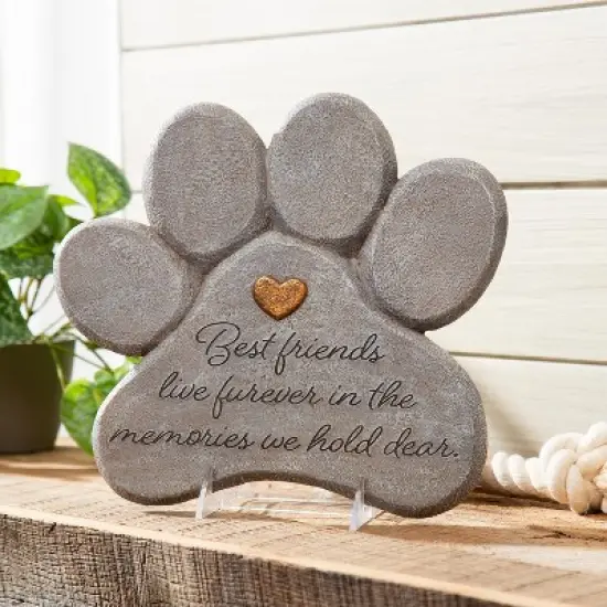 Evergreen 11" Paw Shaped Pet Memorial Garden Stone, Best Friends Live Forever image {1}