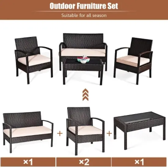 Tangkula 8PCS Conversation Wicker Set Patio Rattan Table&Cushioned Chair image {8}