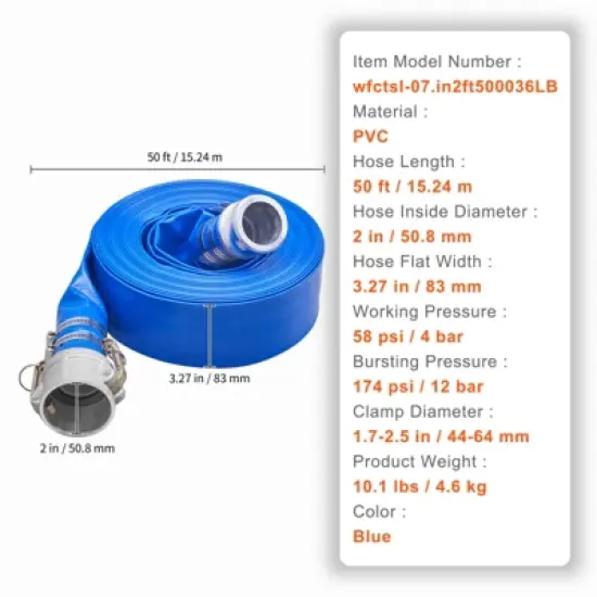 VEVOR Pool Drain Hose, 2 inch by 50 ft, Durable PVC Material, Includes Aluminum Camlock C & E Connectors and Clamps, Blue image {7}