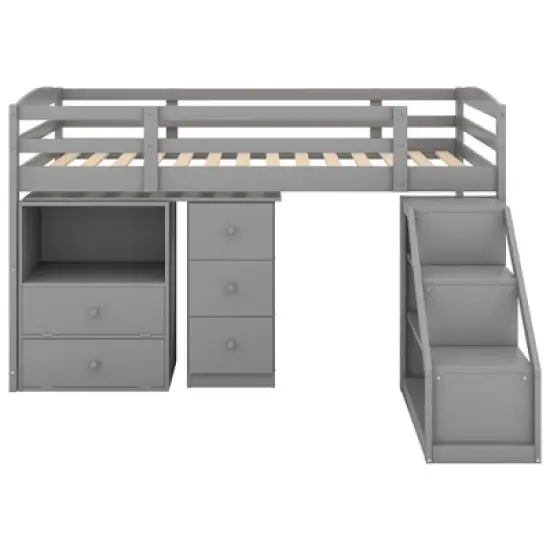 Twin Size Loft Bed with Multifunctional Movable Built-in Desk and Staircase-ModernLuxe image {6}
