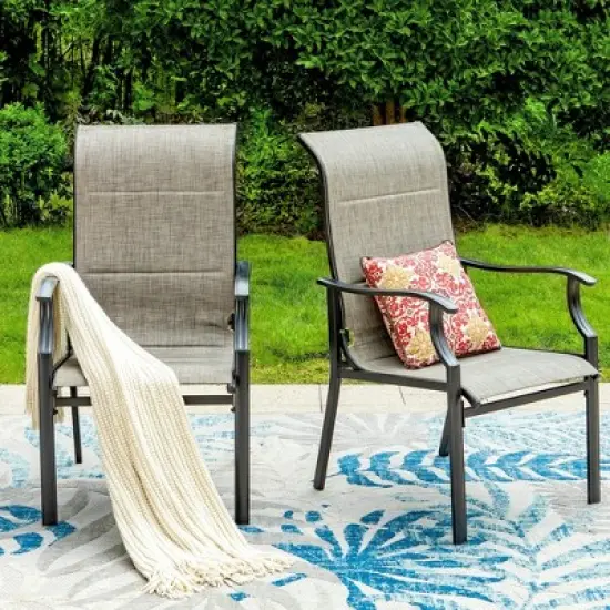 Captiva Designs 9pc Patio Spacious Black Steel Dining Table & High Back Padded Grayish Brown Sling Armrest Chairs image {2}