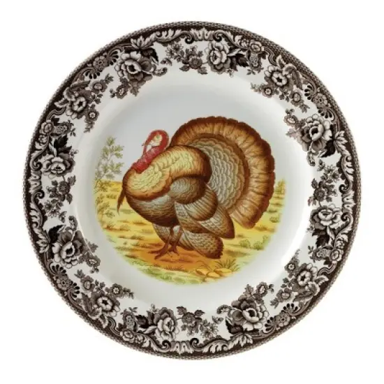 Spode Woodland Turkey Round Platter - 12" Fine Porcelain Serving Tray with British Flowers Border, Rustic Thanksgiving Design - Made in England image {5}