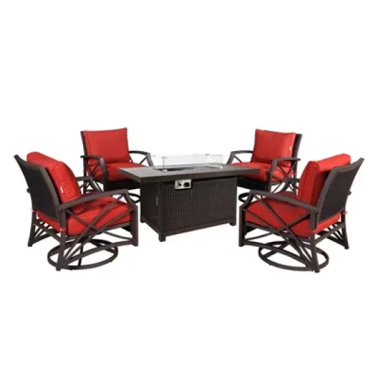 Kinger Home Novi 5-Piece Rattan Wicker Propane Fire Pit Set with an Aluminum Frame image {12}