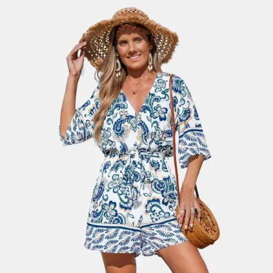 Women's Boho Chic Floral Print Beach Romper with Belt - Cupshe image {5}