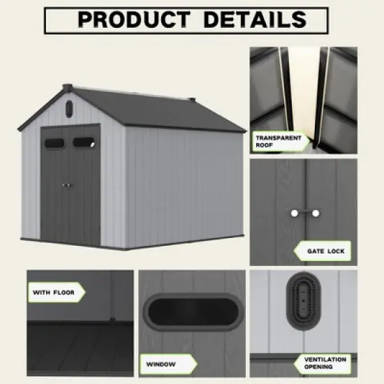 XWT013-1 8*10ft resin plastic storage shed for backyard garden big spire Tool storage image {3}