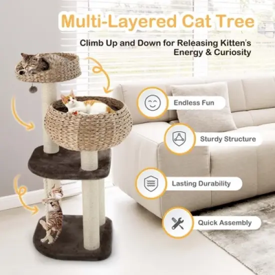 Costway 41'' Hand-Made Cat Tree Tower Natural Bowl Shaped w/ 2 Perch image {5}