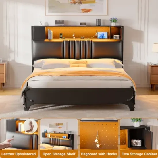 Aheaplus Upholstered Headboard with Storage Shelf and Small Cabinet, Headboard Power Outlet and LED Light image {5}