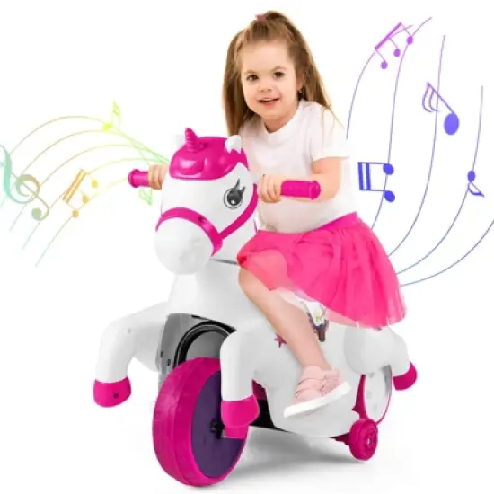 Costway 12V Kids Ride on Unicorn Toy w/ Training Wheels Music One-button Start Horse Toy image {12}