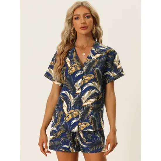 Allegra K Women's Floral Tropical Vacation Beach Hawaiian Button Down Shirt and Short Set image {2}