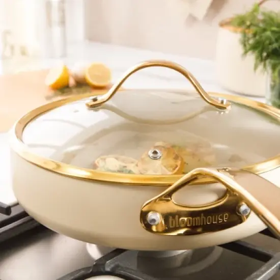 Bloomhouse 10 Inch Heavy Duty Aluminum Premium PFA Free Ceramic Nonstick Saute/Deep Frying Pan Skillet with Lid - Linen White with Gold Handle image {10}