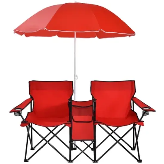 Portable Folding Picnic Double Chair W/Umbrella Table Cooler Beach Camping Turquoise\Black\Red\Gray image {13}