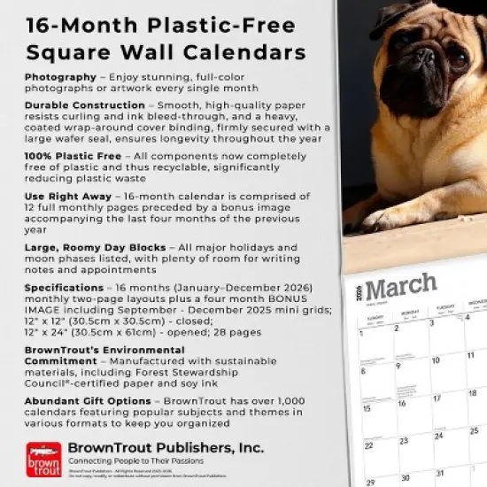 BrownTrout Pugs 2026 12"x24" Hanging Square Wall Calendar Plastic-Free image {5}