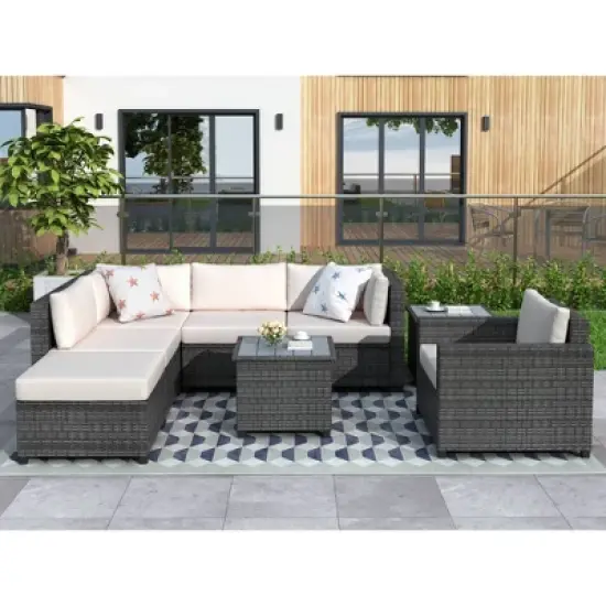 8pc Wicker Patio Conversation Set with Cushions - Beige - GODEER image {1}