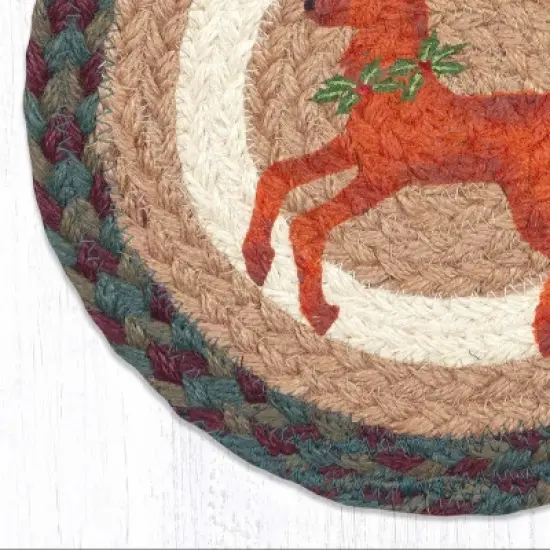 Earth Rugs Sustainable Holiday Table Mat &ndash; Round Jute Trivet with Reindeer Motif image {1}