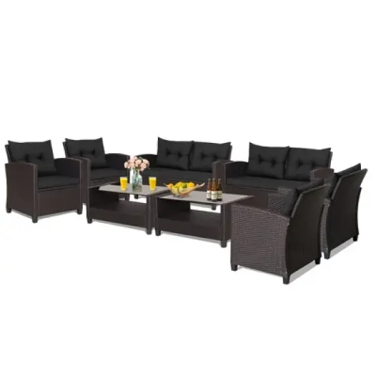 Tangkula 8PCS Outdoor Conversation Set Patio PE Rattan Set w/ Glass Table & Sofa Cushions image {7}