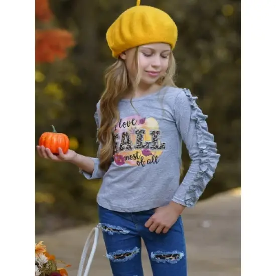 Girls I Love Fall Most Of All Patched Jeans Set - Mia Belle Girls image {4}