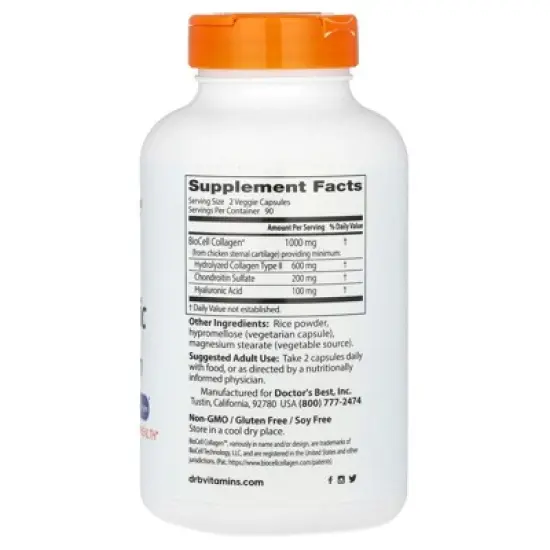 Doctor's Best Hyaluronic Acid + Chondroitin Sulfate with BioCell Collagen, 180 Veggie Capsules image {1}