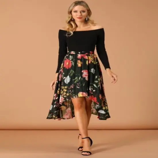 Allegra K Women's High Low Hem Elastic Waist Lurex Chiffon A-Line Midi Floral Skirt image {2}