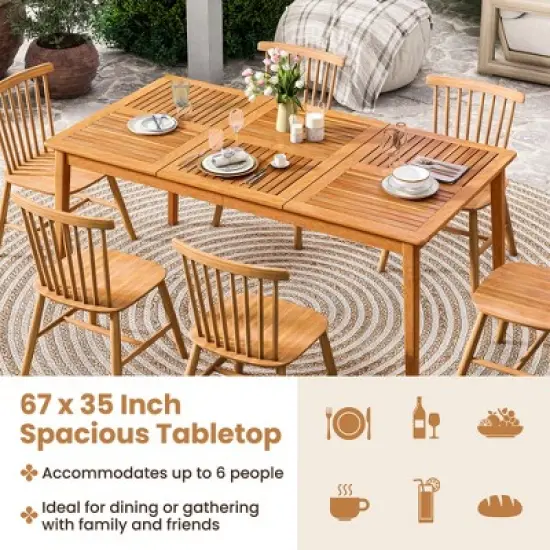 Tangkula Outdoor Acacia Wood Dining Table for 6 People 67&rdquo; x 35&rdquo; Rectangular Patio Bistro Table with Built-in Umbrella Hole Picnic Table for Porch image {6}