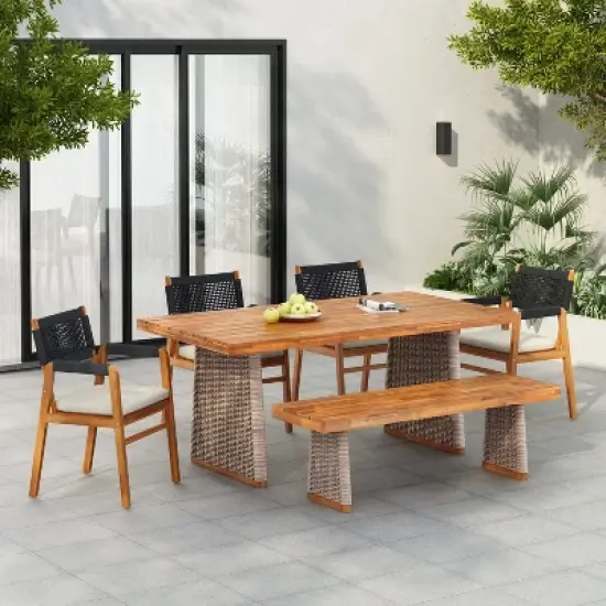 Christopher Knight Home Liliana Rustic 6 Piece Outdoor Acacia Wood Dining Set with Rattan Slatted Table and Cushions image {12}
