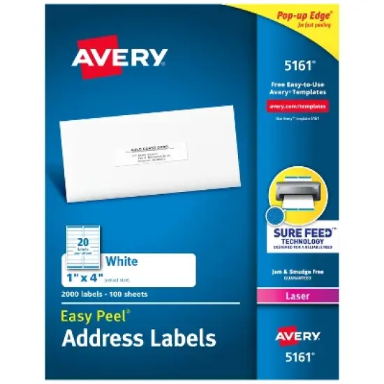 Avery Easy Peel Printable Address Labels with Sure Feed, 1" x 4", White, 2,000 Blank Mailing Labels for Laser Printers (5161) image {9}