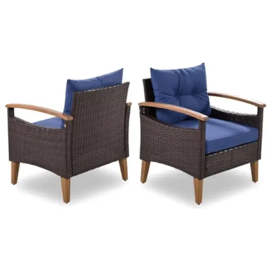 FIONECA 4-Piece Patio Furniture Set, PE Rattan Outdoor Sofa with Cushions & Wood Table, Garden Conversation Set, Brown & Blue image {13}