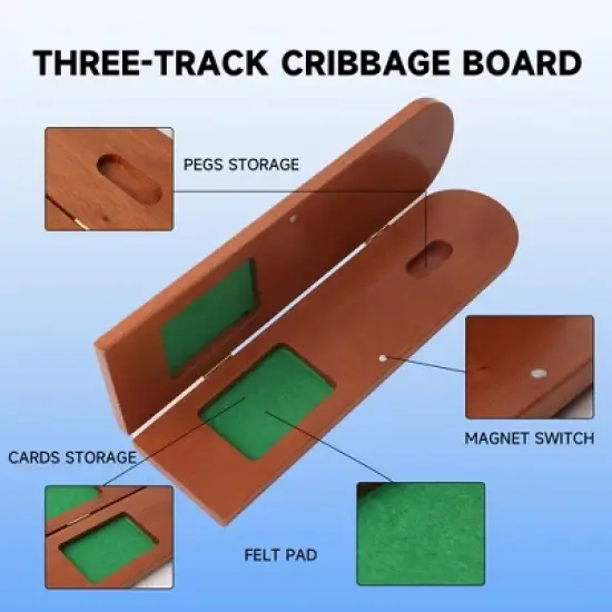 GSE 3-Track Wooden Cribbage Board Game with Playing Cards, 9 Metal Pegs, and Storage Area for Family Game image {2}