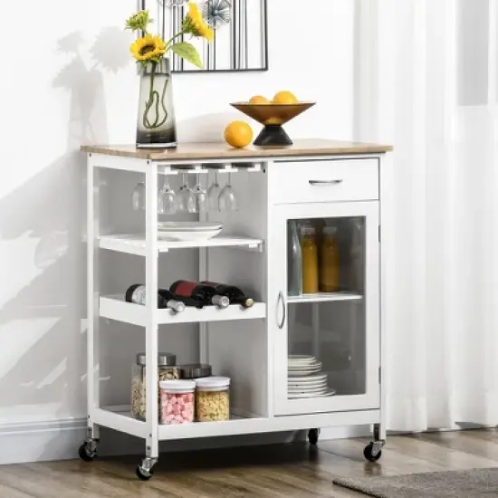 HOMCOM Utility Kitchen Cart, Rolling Kitchen Island Storage Trolley with Rack, Shelves, Drawer and Cabinet, White image {2}