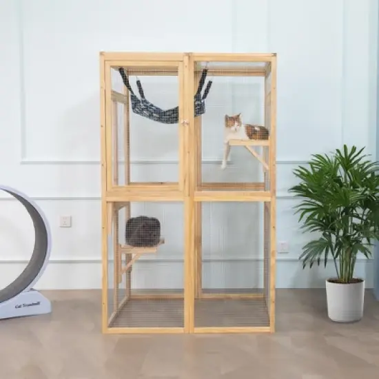 DOMETOUR Wooden Cat Catio Outdoor Cat Enclosure Cat House with Platforms, Sunshine Board, Hammock, Door, Kitten Cage image {17}