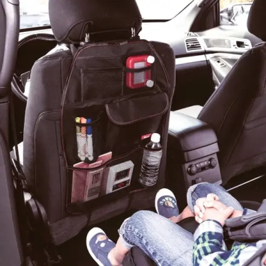 Diono Stow 'n Go Car Back Seat Organizer, Kick Mat Seat Protector, 7 Pockets, 2 Drinks Holders, Black image {1}