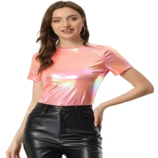 Allegra K Women's Party Metallic Textured Short Sleeve Shiny T-shirts image {22}